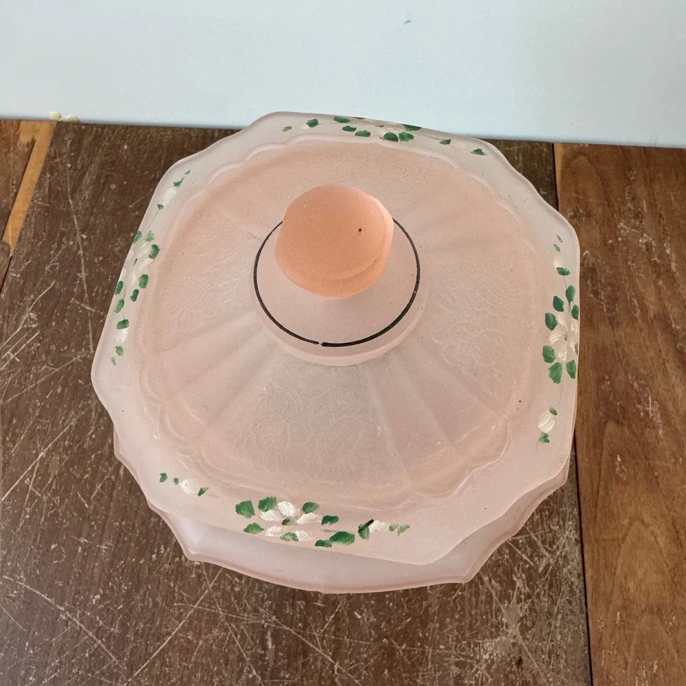 Antique Pink Depression Frosted Satin Glass Biscuit Jar Hand Painted Floral‎ Lid